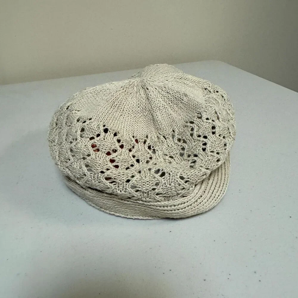 Boho Crochet Cap Brimmed Beanie Hat Women's Lace Ivory Knit Visor Casual Hippie